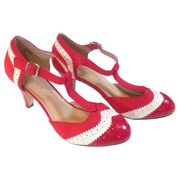 CHASE & CHLOE Kimmy 66 Red Retro 50's 60's Closed Toe T-Strap Pumps Heels - Picture 2 of 8